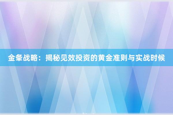 金夆战略：揭秘见效投资的黄金准则与实战时候
